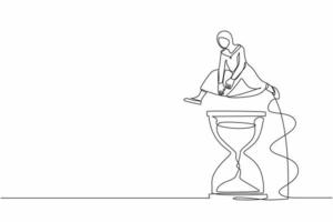 Single one line drawing Arabian businesswoman jump over hourglass. Deadline or working time efficiency. Business scheduling. Time management. Modern continuous line design graphic vector illustration