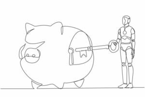 Continuous one line drawing robot putting big key into piggy bank. Personal saving or money security. Finance system protection. Robot cybernetic organism. Single line draw design vector illustration