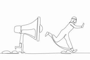 Single continuous line drawing unhappy Arabian businessman being chased by megaphone. Manager feeling angry with loud screaming of marketing concept. One line draw graphic design vector illustration