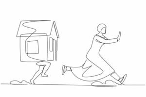 Single one line drawing fright Arab businesswoman being chased by house. Female employee afraid with increasing housing loan. Minimal metaphor. Continuous line draw design graphic vector illustration