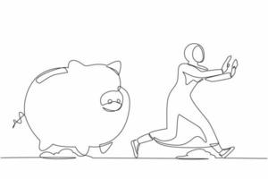 Continuous one line drawing fright Arab businesswoman being chased by piggy bank. Worker in financial or economic crash. Losing money. Minimalist metaphor. Single line draw design vector illustration