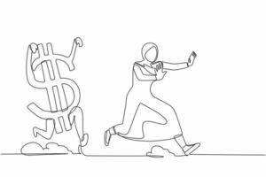 Single one line drawing fright Arab businesswoman being chased by dollar symbol. Female manager afraid with economic or financial crisis. Modern continuous line draw design graphic vector illustration