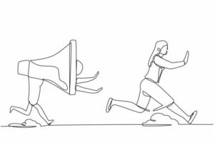 Single continuous line drawing scared businesswoman being chased by megaphone. Female employee avoid loud screaming from boss. Minimalism metaphor concept. One line graphic design vector illustration