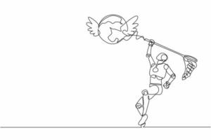 Single one line drawing robot try to catching flying globe with butterfly net. Business trip and travel with technology. Future technology development. Continuous line draw design vector illustration