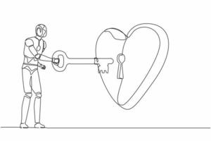 Single continuous line drawing robot putting key into heart. Humanoid robot try to unlock heart icon. Metaphor love. Robotic artificial intelligence. One line draw graphic design vector illustration