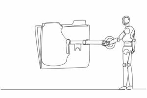 Single one line drawing robot put big key into folder. Document protection. Data security. Secret information. Future technology development. Continuous line draw design graphic vector illustration