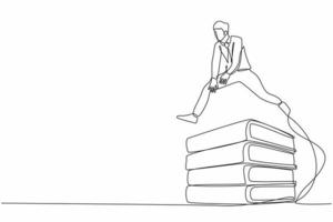 Continuous one line drawing businessman jumping over pile of big binders. Office supply, information classification, management order, document paper. Single line design vector graphic illustration