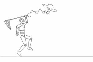 Single one line drawing robot try to catching flying light bulb with butterfly net. Hard to search tech inspiration, creative idea. Machine learning. Continuous line design graphic vector illustration