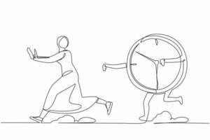 Continuous one line drawing fright Arab businesswoman being chased by time, deadline. Female manager afraid with project schedule target, productivity. Single line graphic design vector illustration