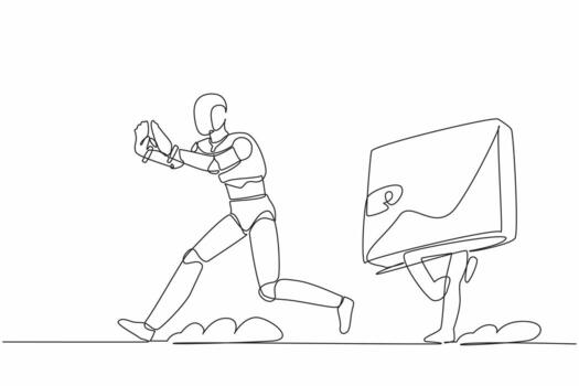 robot estresado de dibujo de una sola línea perseguido por billetera. perder dinero y ganancias comerciales. desarrollo tecnológico futuro. inteligencia artificial. ilustración de vector de diseño de dibujo de línea continua