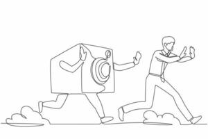 Single continuous line drawing stressed businessman being chased by safe deposit box. Manager chased by secure system, protection, banking, financial. One line draw graphic design vector illustration