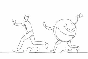 Single one line drawing stressed businessman being chased by bomb. Manager run to avoid financial problems, taxation burden or business debt, deadline. Continuous line draw design vector illustration