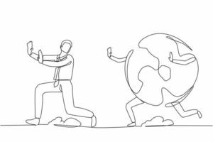 Continuous one line drawing stressed businessman being chased by globe. Manager chased by international partnership agenda, cooperation, teamwork. Single line draw design vector graphic illustration