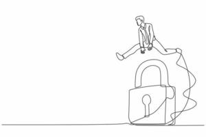 Single one line drawing businessman jumping over big lock. Solve business problem, professional solutions, success key or unlock business accessibility. Continuous line draw design vector illustration