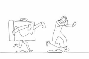 Single continuous line drawing unhappy Arabian businessman being chased by briefcase. Manager hurry in finishing business project. Minimalism metaphor. One line draw graphic design vector illustration