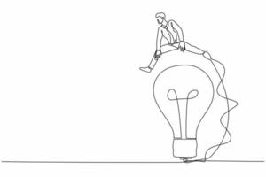 Single one line drawing businessman jumping over big light bulb. Business innovation transformation. Adaptation creativity to move beyond original idea. Continuous line draw design vector illustration