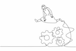 Continuous one line drawing Arabian businessman jumping over big gears. Male manager developing new business idea. Operation working system factory. Single line draw design vector graphic illustration