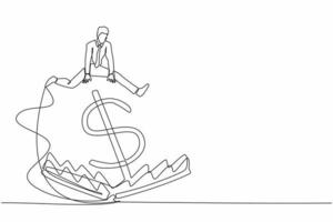 Single one line drawing businessman jumping over money pitfall or mouse trap with big money dollar sign bait. Financial money trap, risk in investment. Continuous line draw design vector illustration