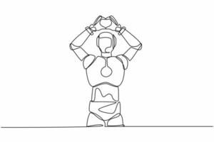 Single one line drawing robot standing with making love sign or heart symbol with fingers over head. Technology development. Artificial intelligence. Continuous line design graphic vector illustration