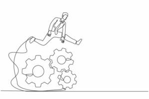 Continuous one line drawing businessman jumping over big gears. Entrepreneur creating and developing business idea twists gear. Operation management system. Single line draw design vector illustration