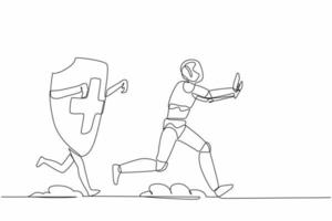 Continuous one line drawing stressed robot being chased by shield. Afraid about budget increasing of healthcare insurance. Humanoid robot cybernetic organism. Single line design vector illustration
