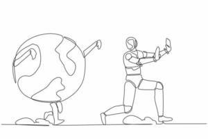 Single one line drawing stress robot being chased by globe. Afraid about climate change, ecological destruction. Future technology development. Continuous line draw design graphic vector illustration