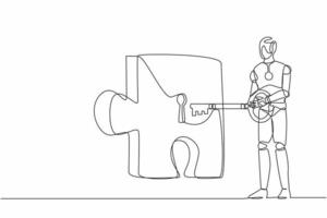 Single continuous line drawing robot putting big key into puzzle piece. Teamwork and partnership solving complicated tasks. Robotic artificial intelligence. One line graphic design vector illustration