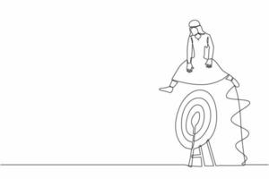 Continuous one line drawing Arab businessman jumping on big archery bullseye target. Accuracy in business target. Motivation working hard. Advancement in career. Single line design vector illustration