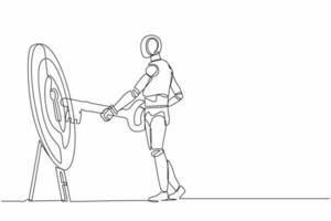 Single continuous line drawing robot putting big key into bullseye target. Unlock business opportunity. Goal achievement. Robotic artificial intelligence. One line design vector graphic illustration