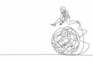 Single one line drawing businesswoman jumping over tangled scribble. Overcoming complexity of problem. Solution looking for complicated problem. Continuous line draw design graphic vector illustration