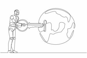 Continuous one line drawing robot putting key into globe. Global warming alert for ecosystem around the world. Humanoid robot cybernetic organism. Single line draw design vector graphic illustration