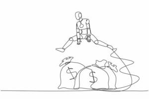 Single continuous line drawing robot jumping over money bag. Business loan or capital funding, money help in crisis. Modern robotic artificial intelligence. One line graphic design vector illustration