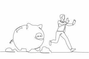 Single continuous line drawing stressed businessman being chased by piggy bank. Financial crisis, economic disaster. Minimal metaphor concept. Dynamic one line draw graphic design vector illustration