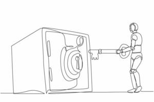 robot de dibujo continuo de una línea que pone la llave grande en la caja de seguridad. dinero, oro, protección de valores. organismo cibernético robot humanoide. ilustración gráfica de vector de diseño de dibujo de una sola línea