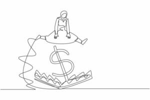 Single one line drawing Arabian businesswoman jumping over money pitfall with big money dollar symbol. Financial money trap, ponzi business scheme. Continuous line design graphic vector illustration