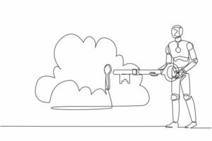 Continuous one line drawing robot putting big key into cloud. Safety storage, password lock security authentication. Humanoid robot cybernetic organism. Single line design vector graphic illustration
