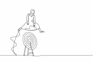 Single one line drawing Arab businesswoman jumping on big archery bullseye target. Achievement target goals. Advancement in career or business growth. Continuous line draw design vector illustration