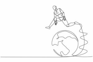 Single continuous line drawing robot jumping over globe. International partnership, cooperation in business. Travel destination. Robot artificial intelligence. One line draw design vector illustration