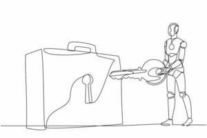 Single one line drawing robot putting key into briefcase. Safety bag for secret document. Investment portfolio. Future technology development. Continuous line draw design graphic vector illustration