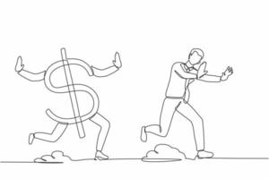 un solo dibujo de línea continua destacó a un hombre de negocios perseguido por el símbolo del dólar. oficinista perdiendo su dinero. crisis financiera. metáfora del minimalismo. ilustración de vector de diseño gráfico de una línea