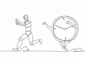 Single continuous line drawing stressed robot being chased by time. Afraid with project schedule target, productivity. Robotic artificial intelligence. One line draw graphic design vector illustration