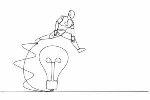 Single continuous line drawing robot jumping over big light bulb. Innovation transformation technology. Robotic artificial intelligence. Technology industry. One line draw design vector illustration