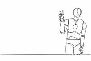 Continuous one line drawing robot standing with v symbol, victory sign, success or winner gesture. Humanoid cybernetic organism. Future robotic development. Single line draw design vector illustration