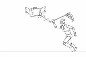 Single continuous line drawing robot try to catch flying briefcase with butterfly net. High performance tech company. Robotic artificial intelligence. One line draw graphic design vector illustration