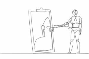 Single one line drawing robot put big key into clipboard. Digital document or contract for security protection. Future technology development. Continuous line draw design graphic vector illustration