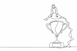 Single continuous line drawing Arab businessman jumping over big trophy. Symbolization of business challenge conquer. Success or victory, winning prize award. One line draw design vector illustration