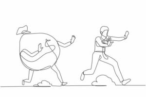 Continuous one line drawing stressed businessman being chased by money bag. Failed achieving goals and profit, exhausted for success, running out for money. Single line draw design vector illustration