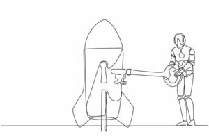 Single continuous line drawing robot putting key into rocket. Launching new tech business product. Restart business project. Robotic artificial intelligence. One line draw design vector illustration