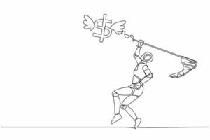 Continuous one line drawing robot try to catching flying dollar sign symbol with butterfly net. Finance economic crisis. Humanoid robot cybernetic organism. Single line draw design vector illustration