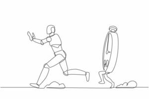 Single one line drawing stressed robot being chased by stopwatch. Afraid in project measurement and deadline. Future robotic technology development. Continuous line design graphic vector illustration